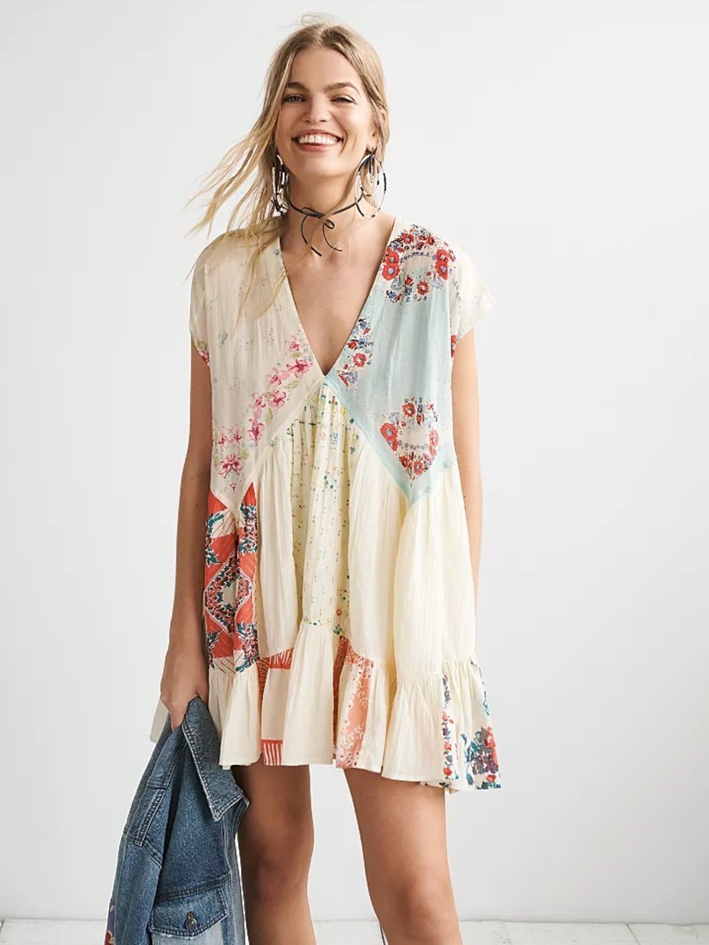 Womens Free People Floral Patchwork Mini Dress with pockets oversized Size M new
